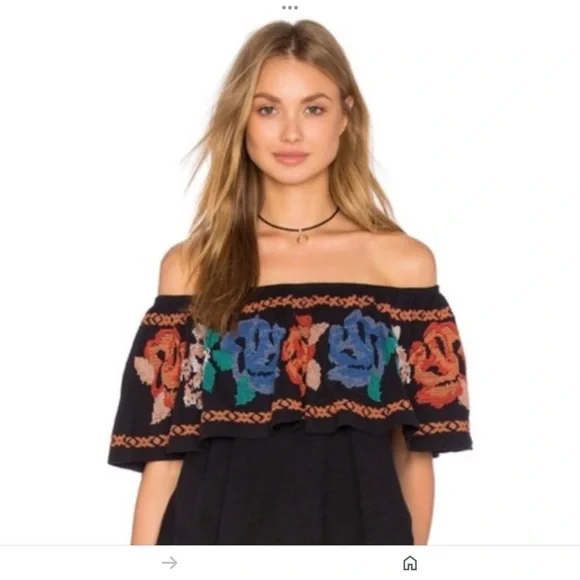Free People , To The Left Off Shoulder Floral Embroidered Top Black Size M… - Picture 3 of 13